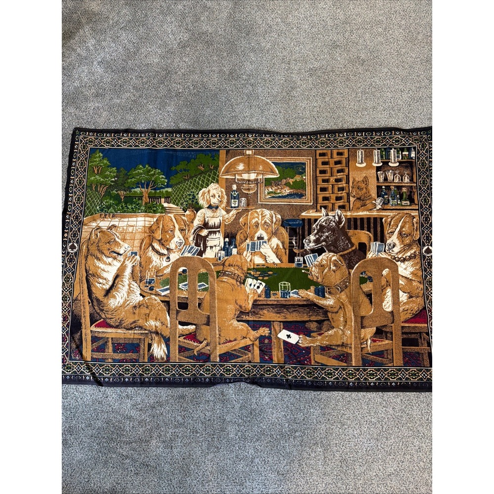 Vtg Dogs Playing Poker Wall Tapestry 70s Card Game Room 51"x 39" 100% Cotton
